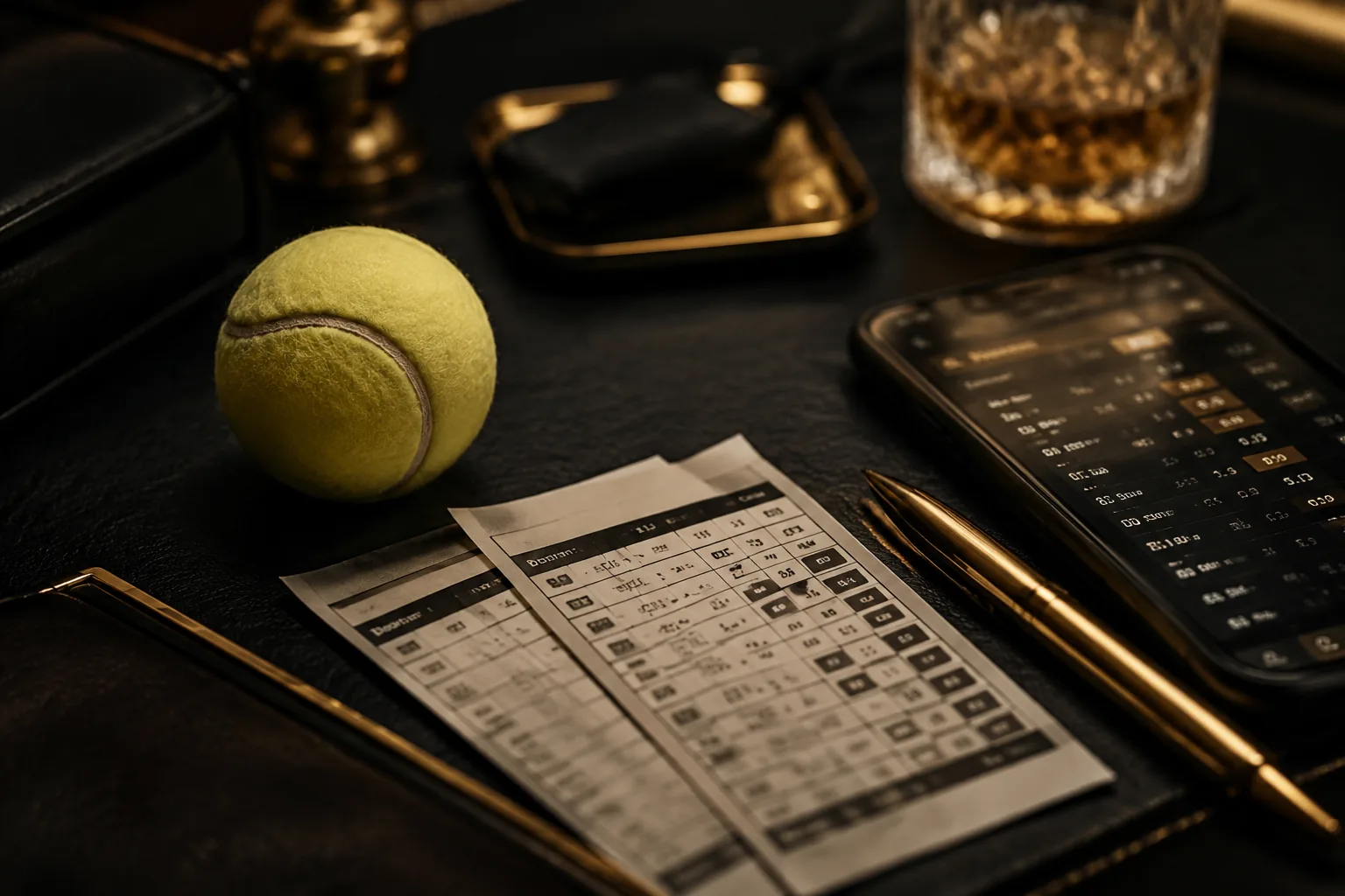 Tennis research desk with notes, phone, and gold pen