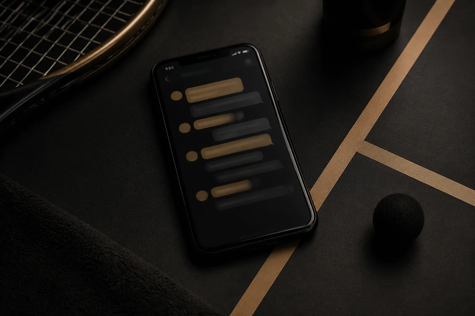 Phone with blurred tennis pick notifications beside a racket and court lines